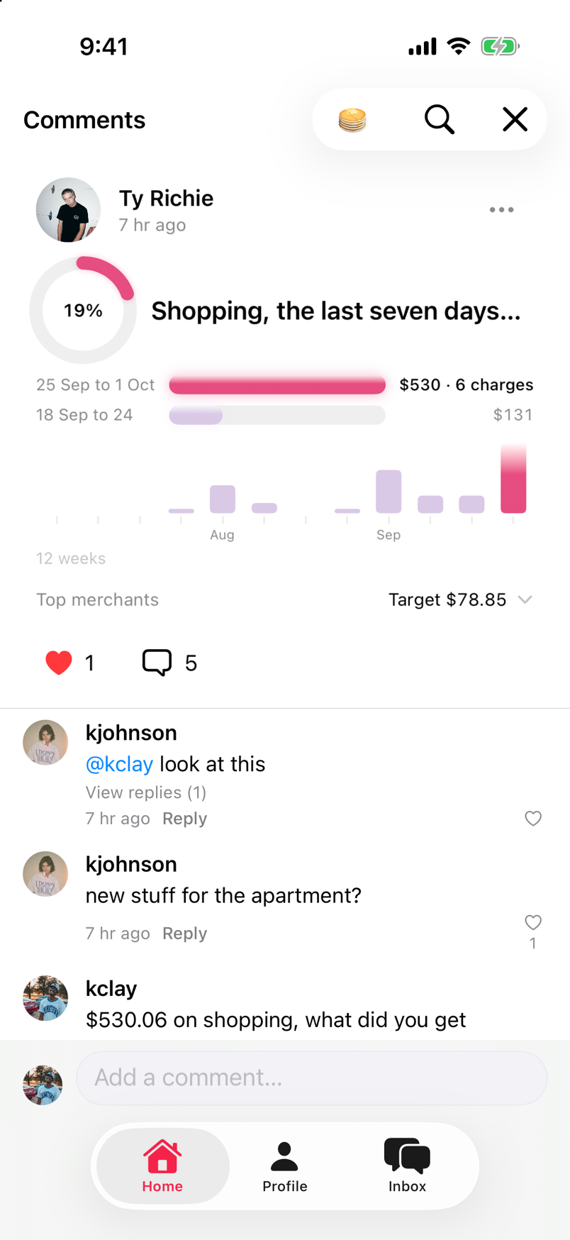 A friend's shopping spending chart on the Home feed, with merchant details, comments, and replies