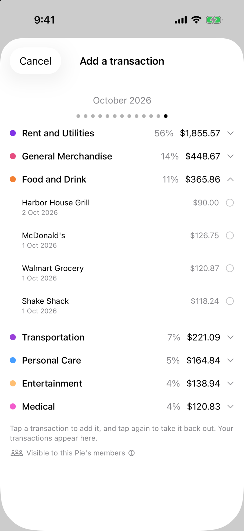 Adding a transaction to a Pie from your own bank transactions