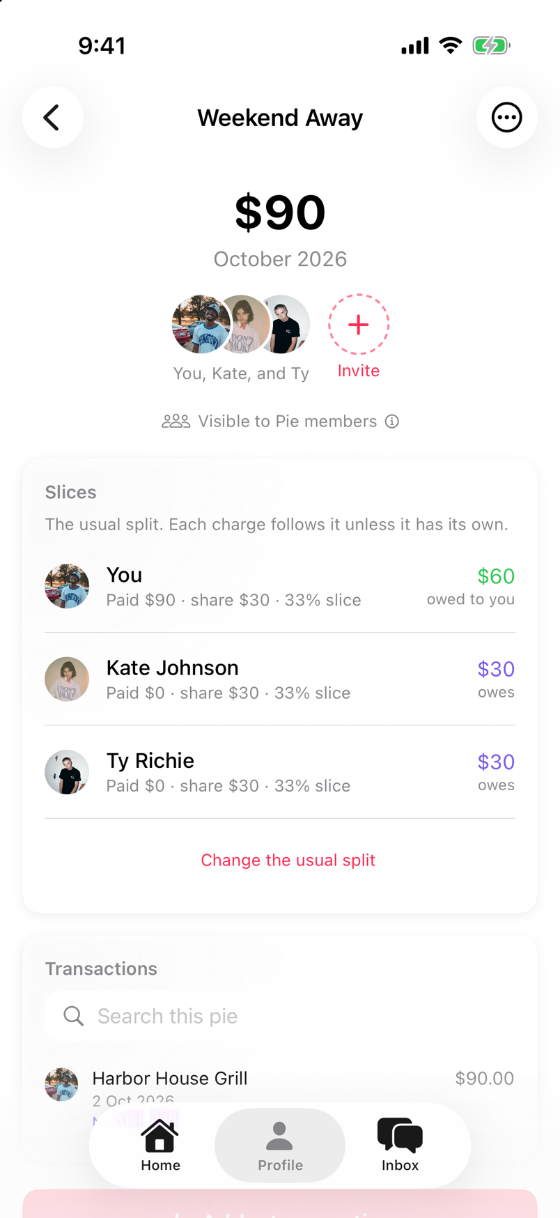 A Pie's slices and balances, showing who owes whom
