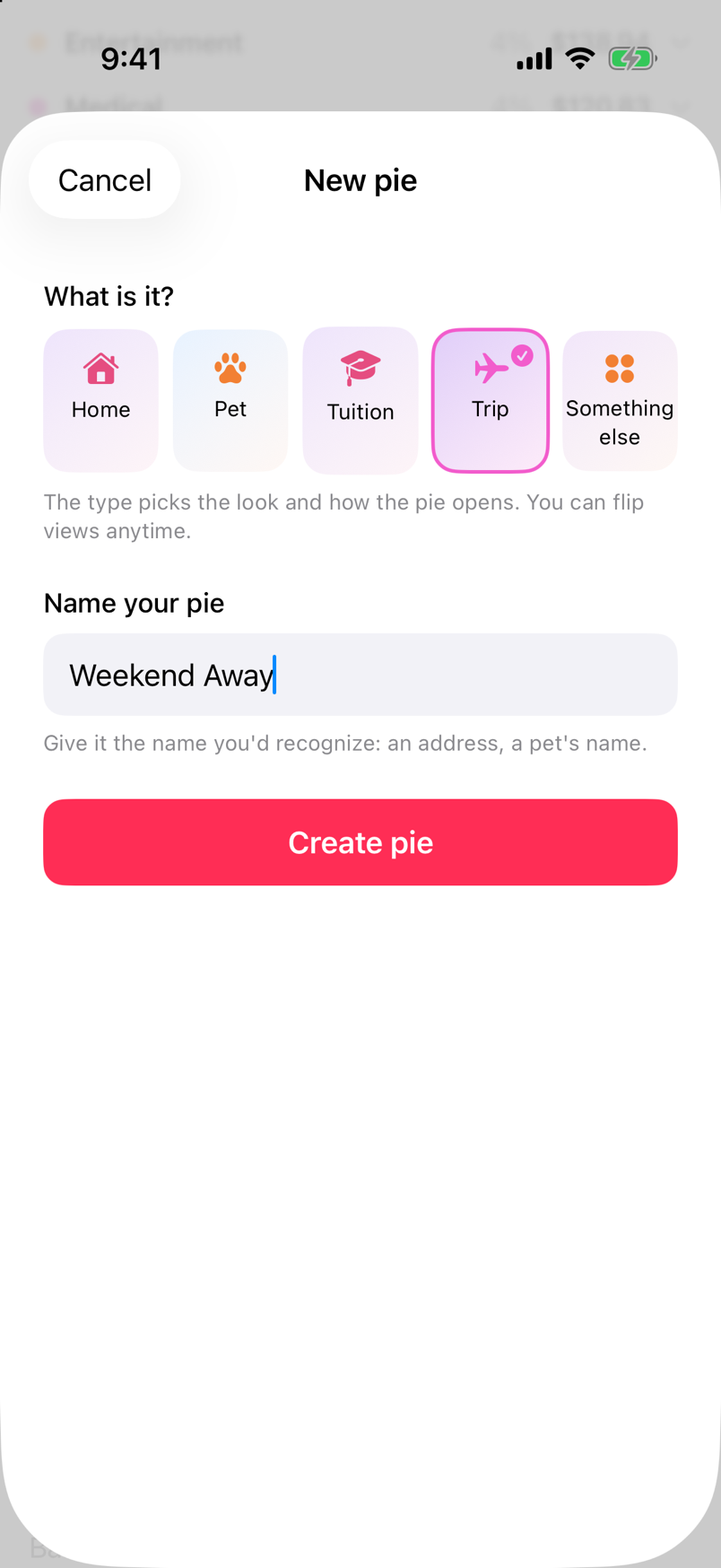 The New pie screen, with the Trip type selected