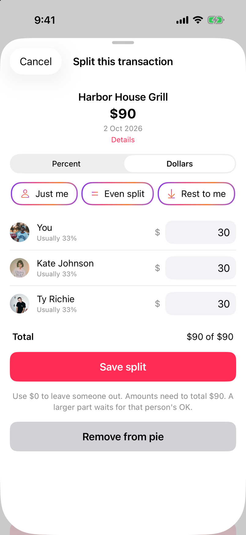 The split screen for one transaction, with Even split selected