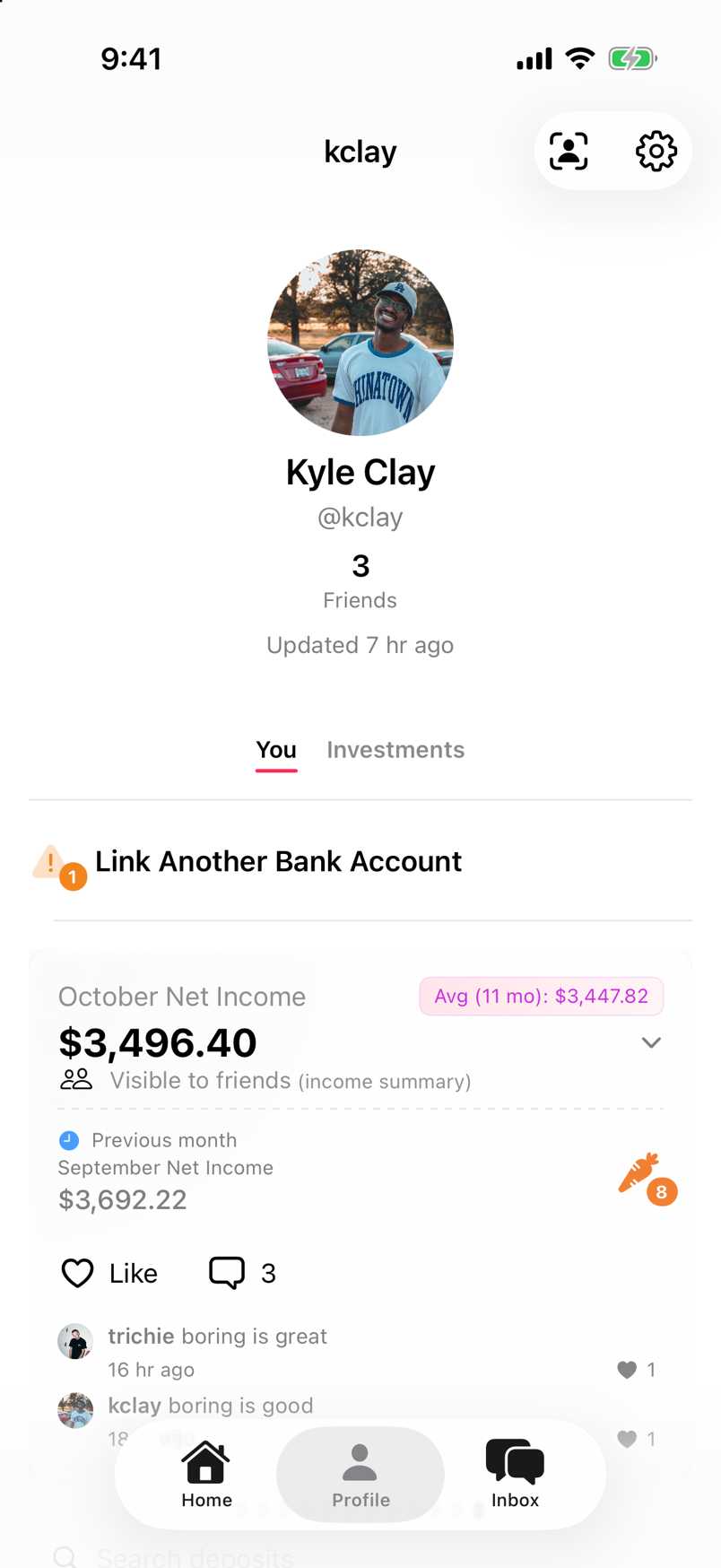 Your Profile showing income and its audience picker, Link Another Bank Account above income, and the Settings gear and View profile as friend viewfinder at the top right