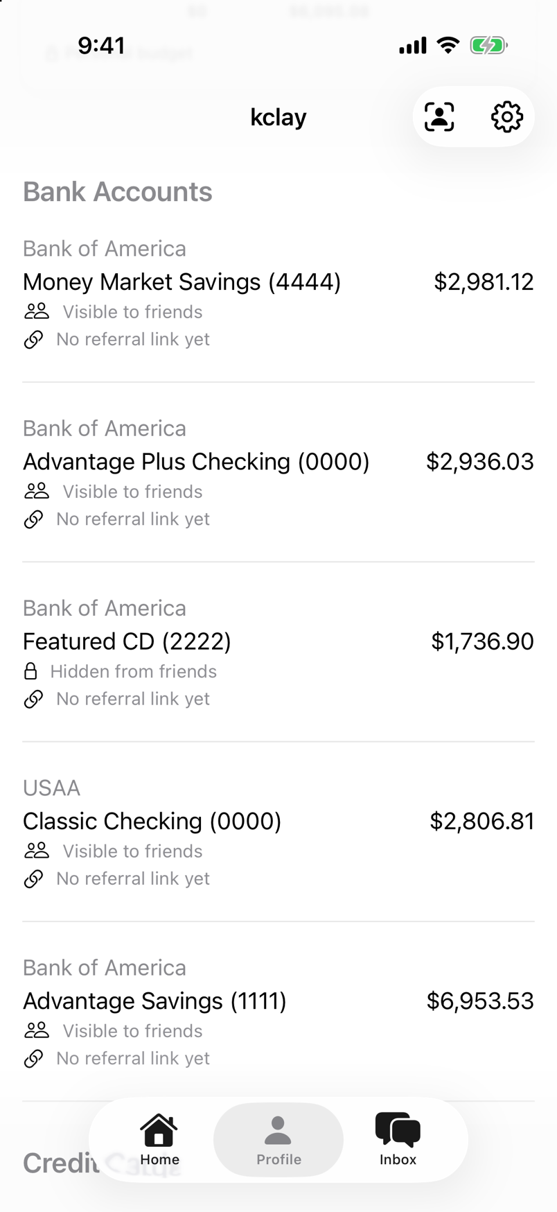 The Profile tab, with Visible to friends and Hidden from friends labels on accounts