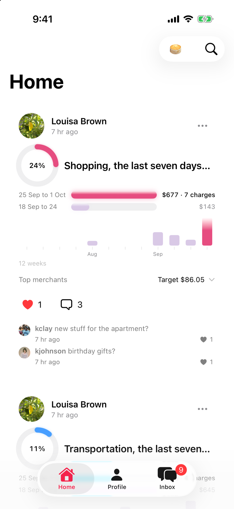 The Home tab of Pie, showing friends' money updates